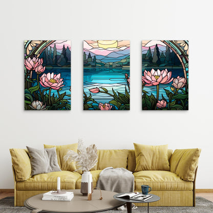 3pcs Pink Lotus Lake Mountain Metal Print Ready to Hang Art