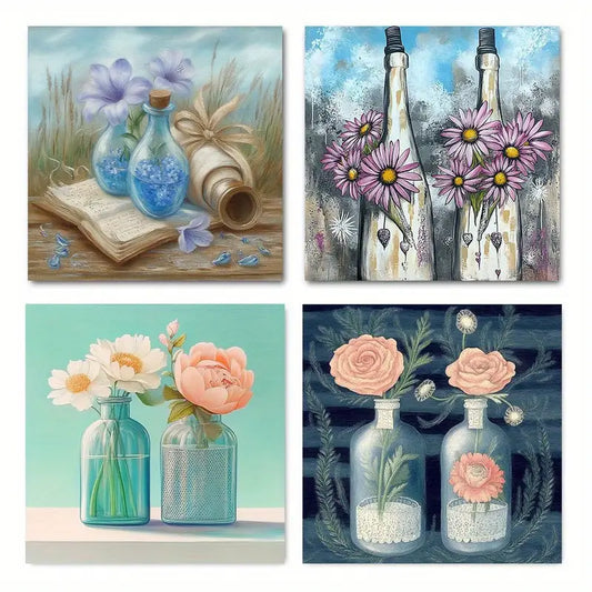 4pcs Blue Beach Ocean Flora Picture Wall Art Canvas Framed