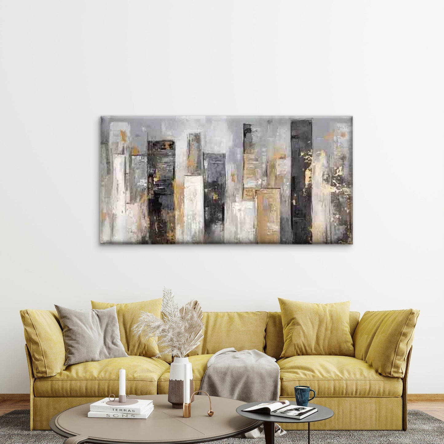 Black White Abstract Cityscape Wall Art Canvas Office Home Room Framed 120x60cm - Bella Home Decor