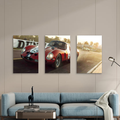 3pcs Vintage Red Racing Car Golden Hour Motorsport Metal Print Ready to Hang Art