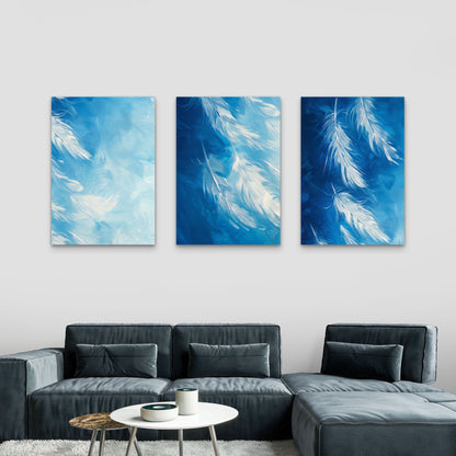 3pcs Abstract Blue Feather Drawing Style  Wall Art Set Canvas Framed 40x60cm - High Quality Print 100% Australian Made Wall Canvas Ready to Hang