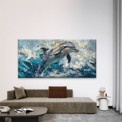 Ocean Waves & Jumping Dolphin Wall Art Canvas Office Home Room Framed 120x60cm