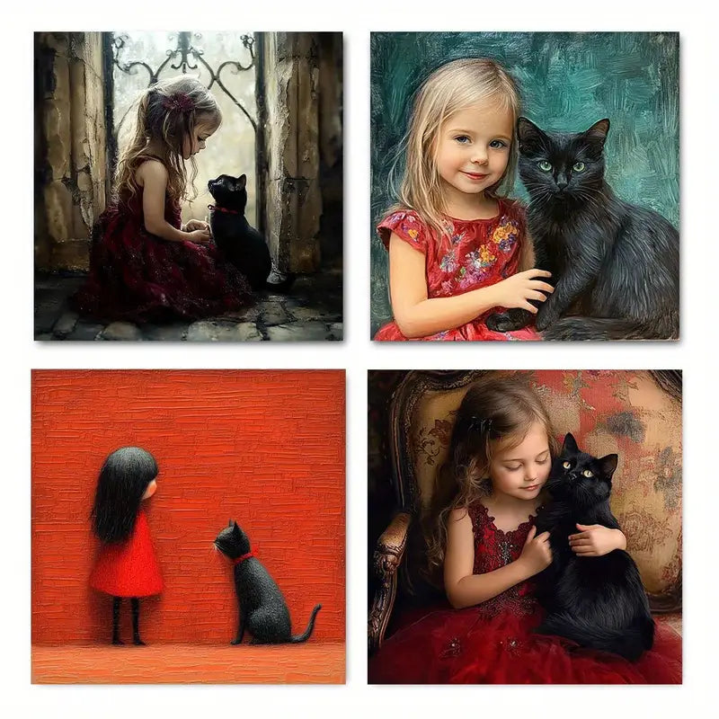 4pcs Little Girl With Black Cat  Wall Art Canvas Framed - Bella Home Decor