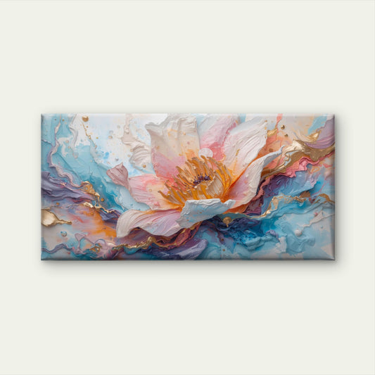 Pink Water Lily Gold Impasto Wall Art Canvas Office Home Room Framed 120x60cm