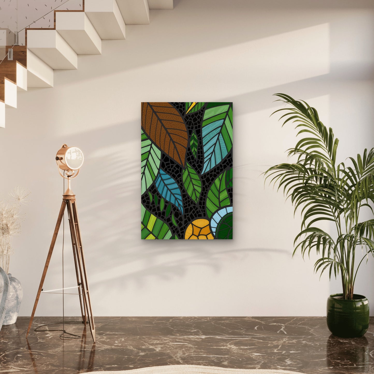 Leaf Mosaic in Stained-Glass Style 40x60cm Metal Print Ready to Hang