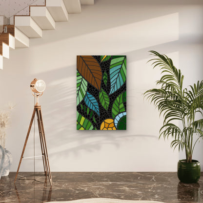 Leaf Mosaic in Stained-Glass Style 40x60cm Metal Print Ready to Hang