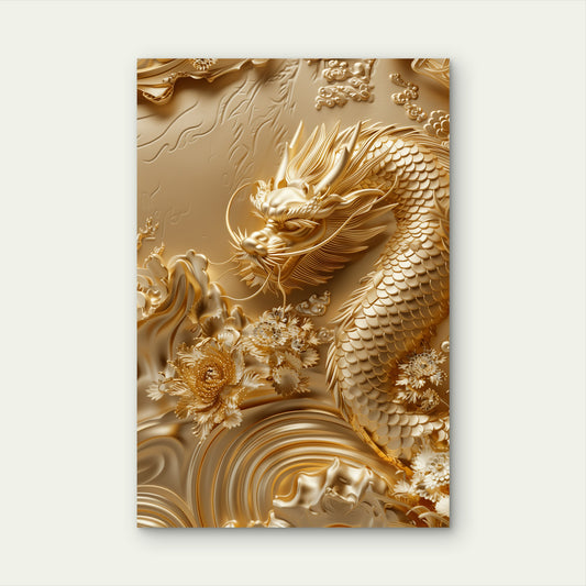 Chinese Dragon Metallic Gold 3D Blossom 40x60cm Metal Print Ready to Hang