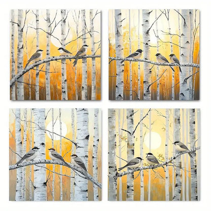 4pcs  Chickadee Birds & Birch Tree  GH    Wall Art Canvas Framed