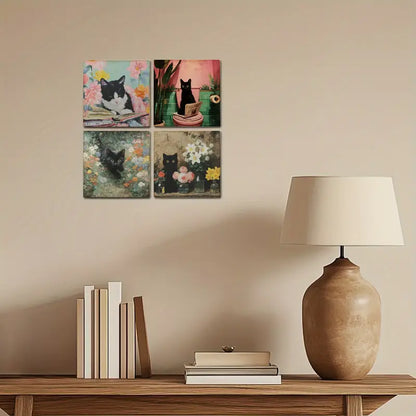 4pcs Charming Cat Wall Art Canvas Framed
