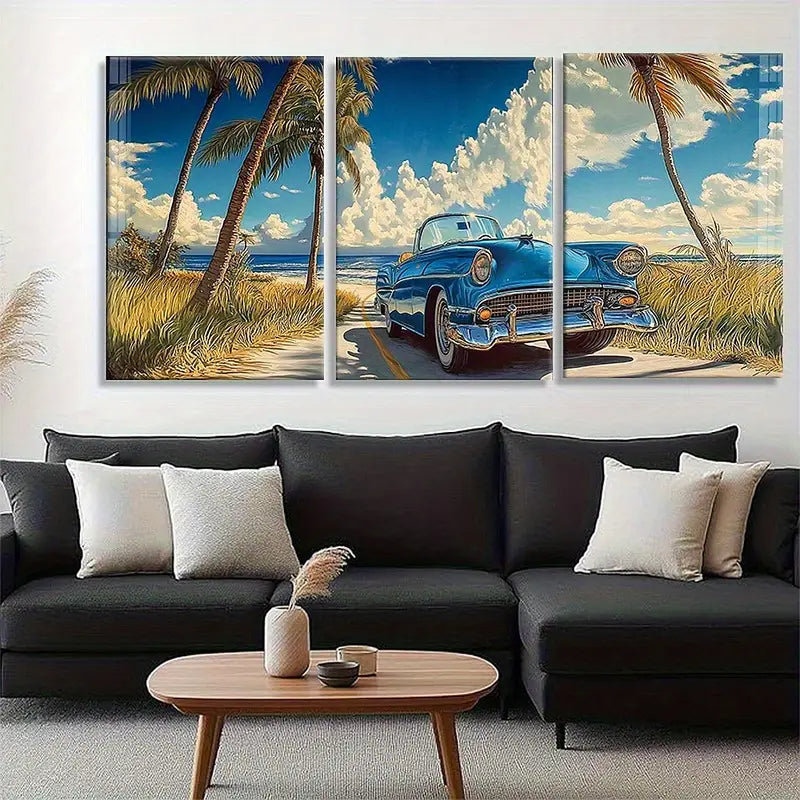 3pcs Blue Car & Palm Trees, Turquoise Metal Print Ready to Hang Art - Bella Home Decor
