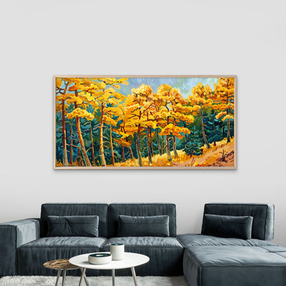 Golden Autumn Forest Scene Wall Art Canvas Office Home Room Framed 120x60cm