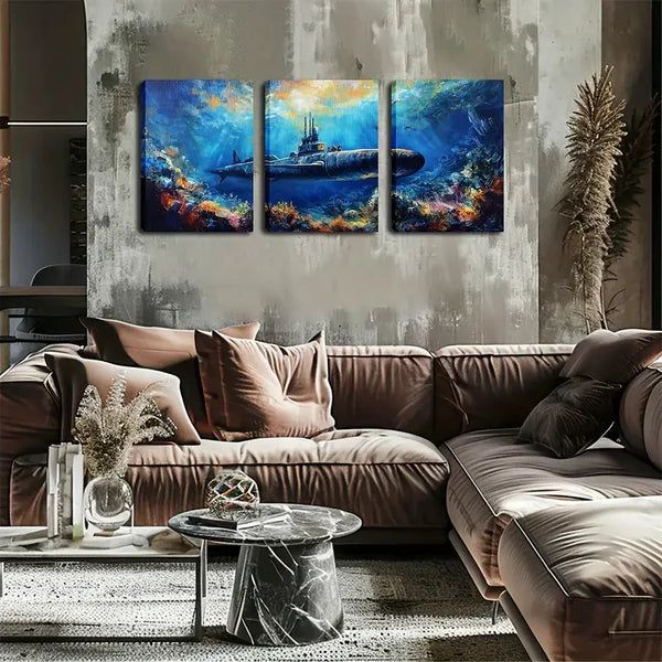 3pcs Submarine in Deep Sea Wall Art Set Canvas Framed 60x90cm - High Quality Print 100% Australian Made Wall Canvas Ready to Hang - Bella Home Decor