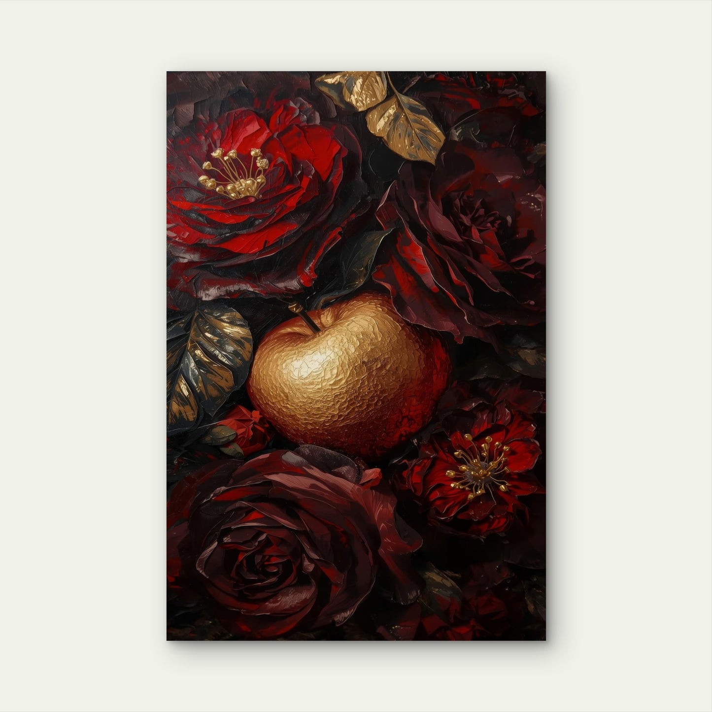 Dark Red Roses Metallic Gold Apple 40x60cm Metal Print Ready to Hang