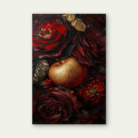 Dark Red Roses Metallic Gold Apple 40x60cm Metal Print Ready to Hang