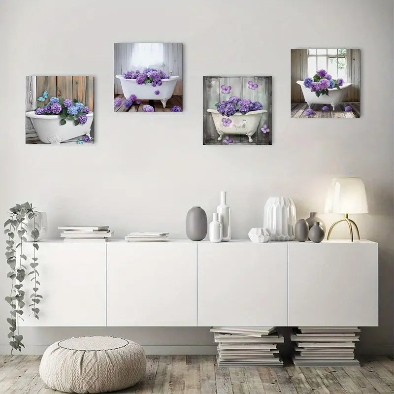 4pcs Purple Hydrangea In Vintage Bathtub Wall Art Canvas Framed