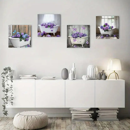 4pcs Purple Hydrangea In Vintage Bathtub Wall Art Canvas Framed