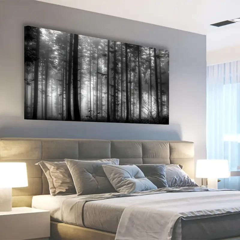 Foggy Forest Black & White Big Trees Wall Art canvas office home room framed 120x60cm - Bella Home Decor