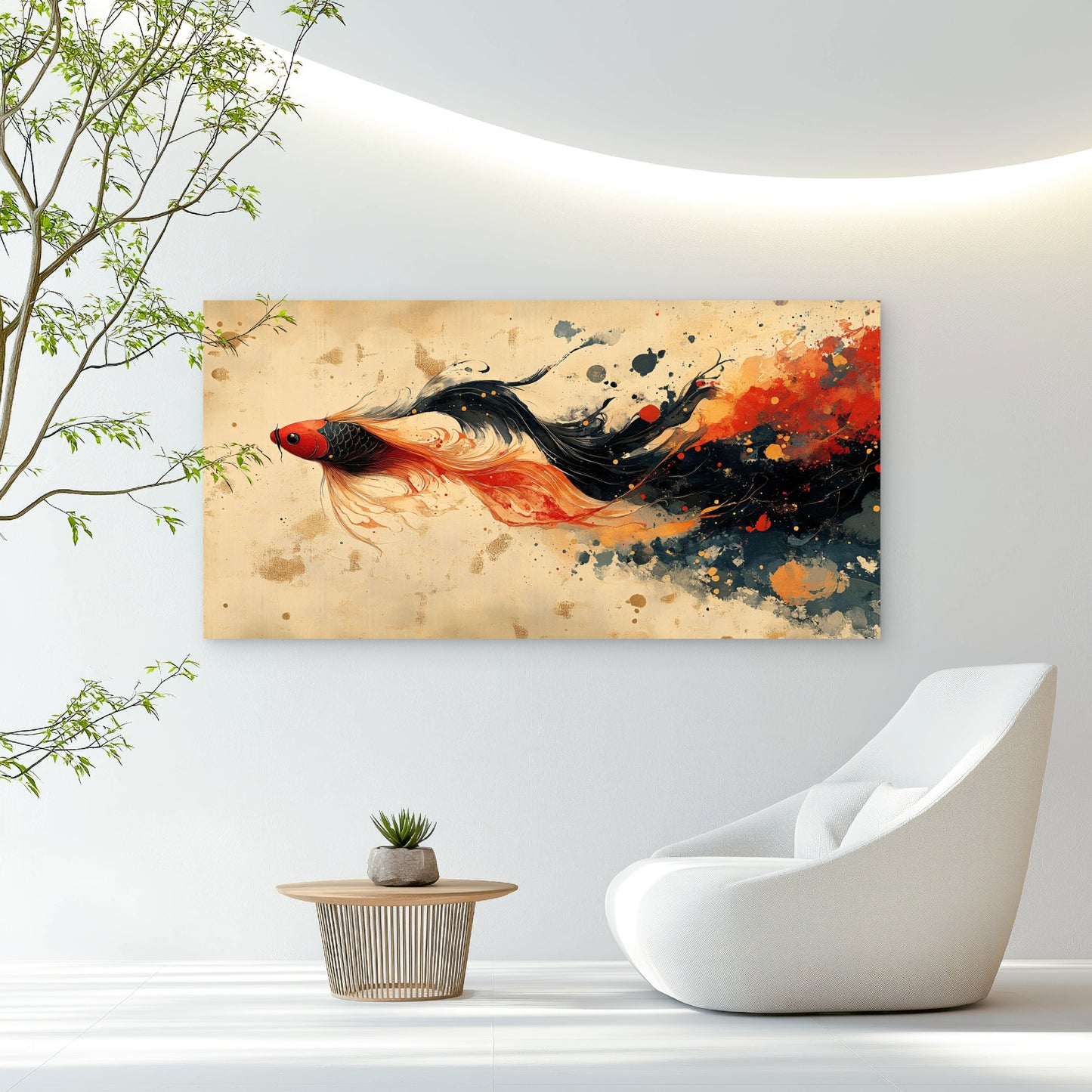 Golden Fish Ink Flow Wall Art Canvas Office Home Room Framed 120x60cm