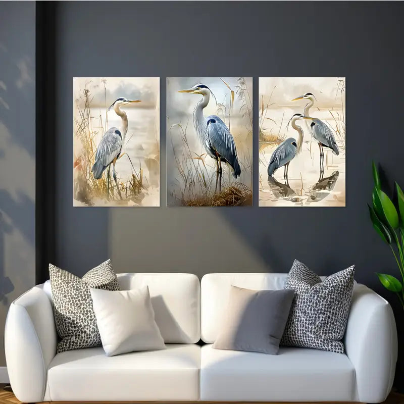 3pcs Blue Heron Decorative Painting Metal Print Ready to Hang Art - Bella Home Decor