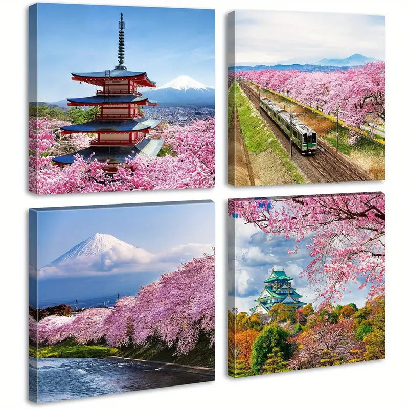 4pcs Japanese Cherry Blossom  Wall Art Canvas Framed