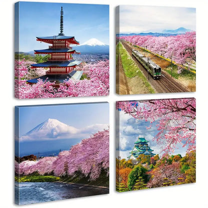 4pcs Japanese Cherry Blossom  Wall Art Canvas Framed