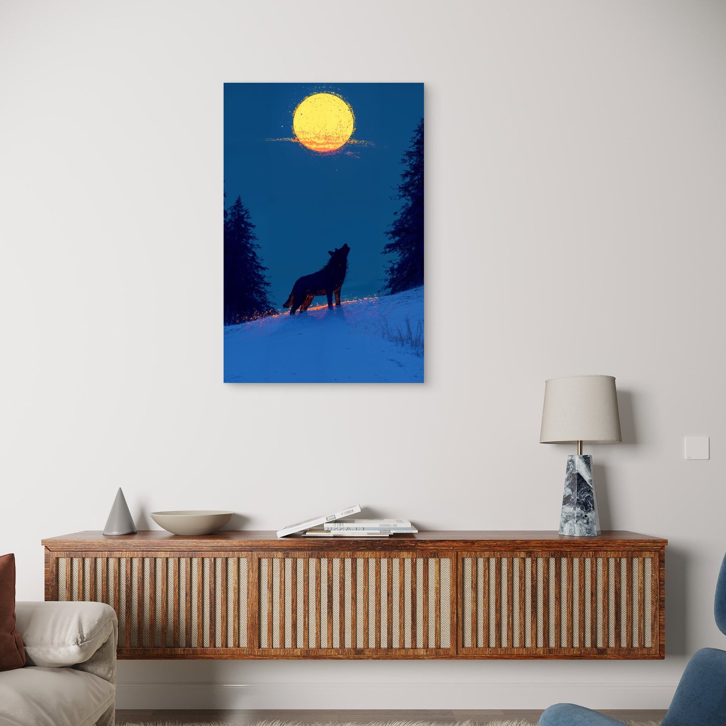 Wolf Howling at the Moon in Snowy Forest 60x90cm Metal Print Ready to Hang