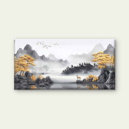 Misty Mountain Autumn Deer View Wall Art Canvas Office Home Room Framed 120x60cm