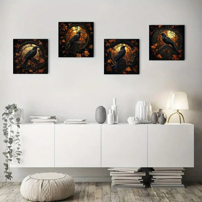 4pcs Abstract Raven & Autumn Leaves Wall Art Canvas Framed