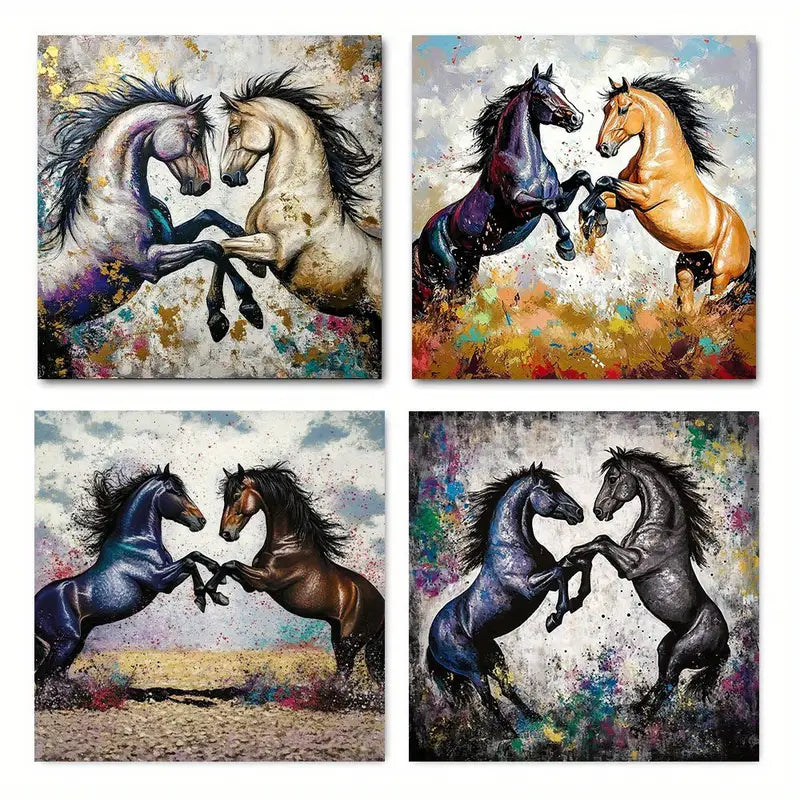 4pcs Graffiti Horse Prints In Purple, Black & Br Wall Art Canvas Framed
