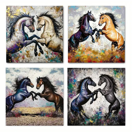 4pcs Graffiti Horse Prints In Purple, Black & Br Wall Art Canvas Framed