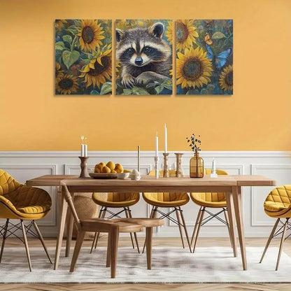 3pcs Contemporary Raccoon & Sunflowers Metal Print Ready to Hang Art