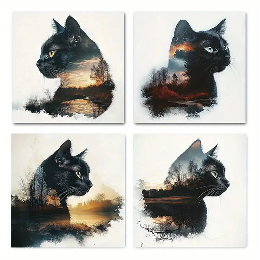 4pcs  Mystic Cat Landscap for Living  Wall Art Canvas Framed