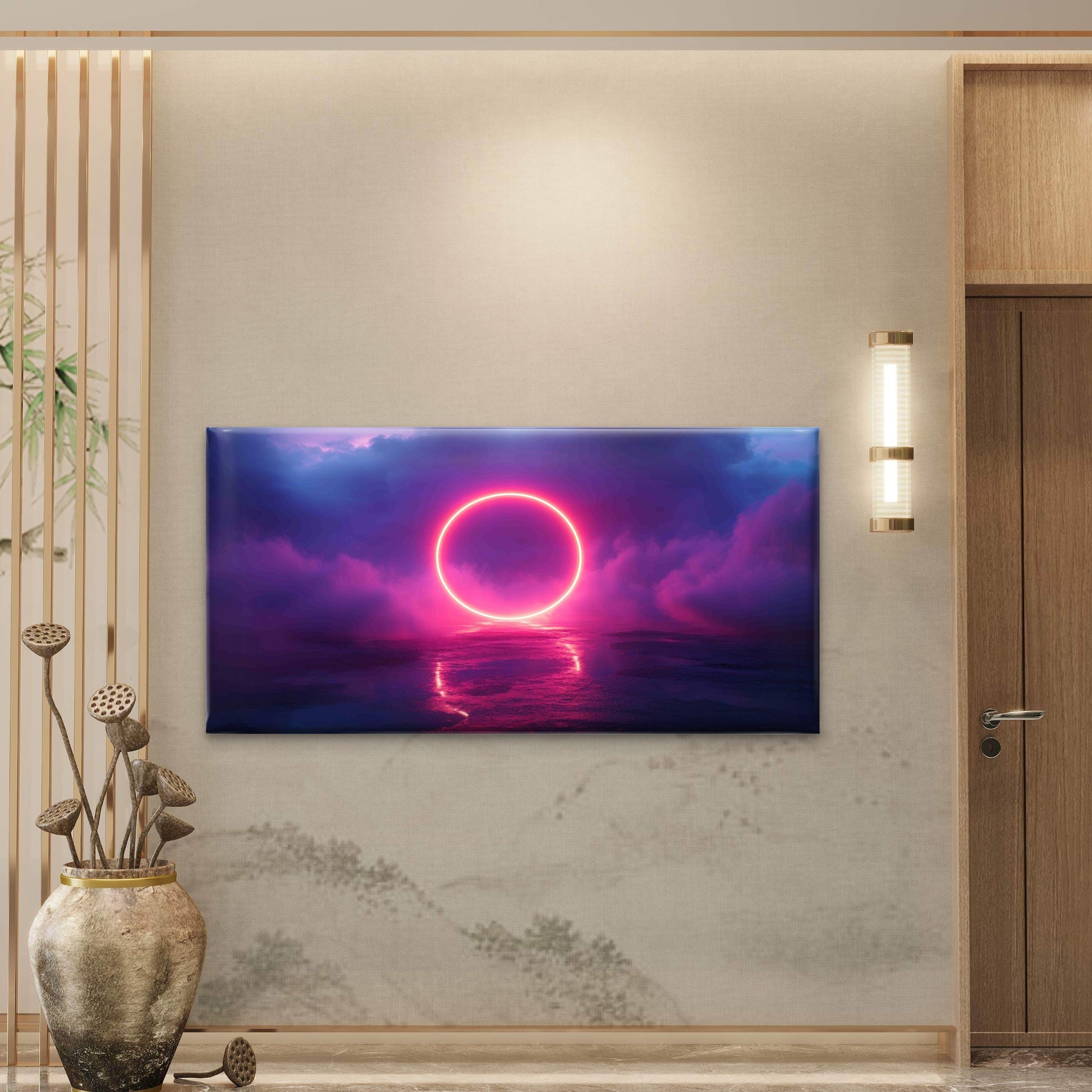 Neon Ring Stormy Cloud Dark Sky Wall Art Canvas Office Home Room Framed 120x60cm - Bella Home Decor