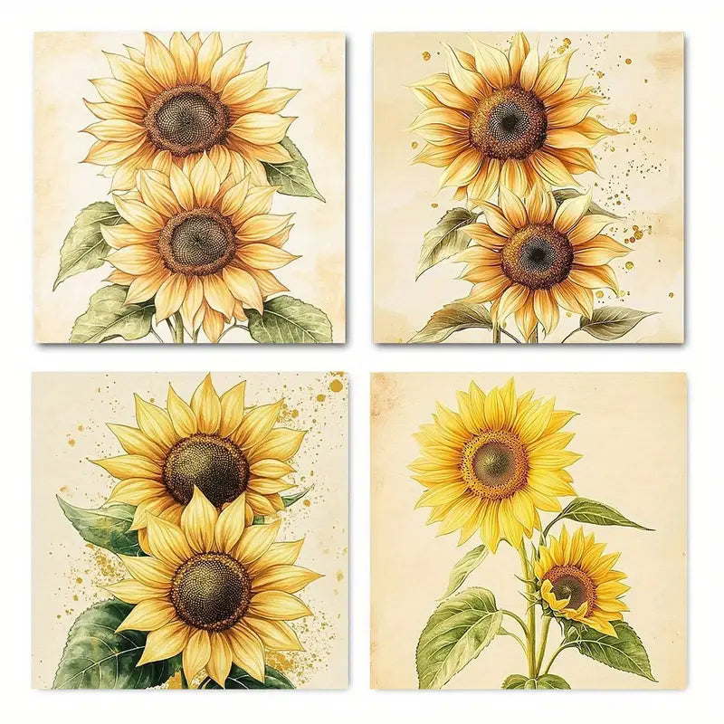 4pcs Yellow Floral for Living  YF  Wall Art Canvas Framed