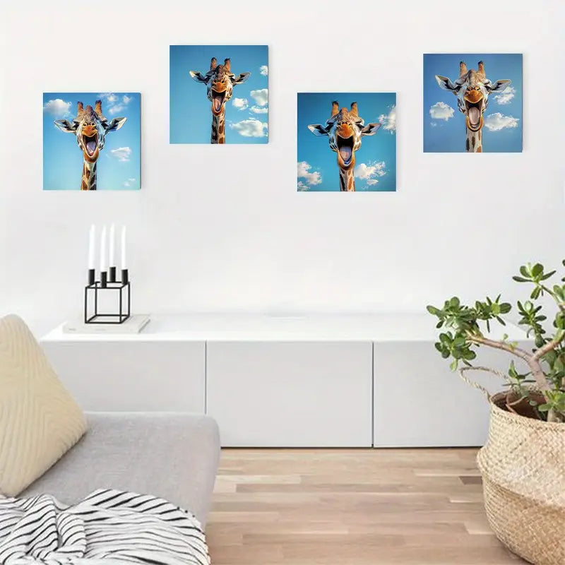 4pcs Fun Giraffe Vibrant Blue Sky & Clouds Wall Art Canvas Framed - Bella Home Decor