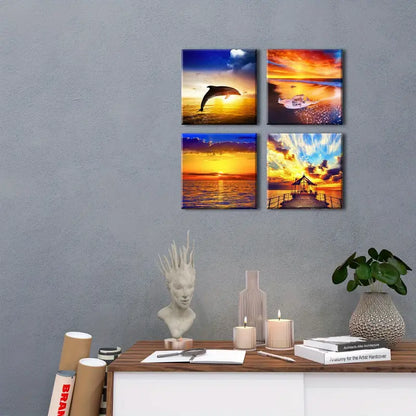 4pcs Sunset Ocean Coastal SO  Wall Art Canvas Framed