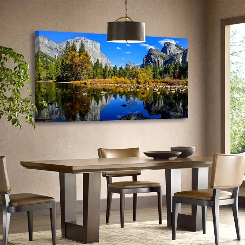 Mountain Lake Vibrant Autumn Foliage & Mirror Water Wall Art canvas office home room framed 120x60cm - Bella Home Decor