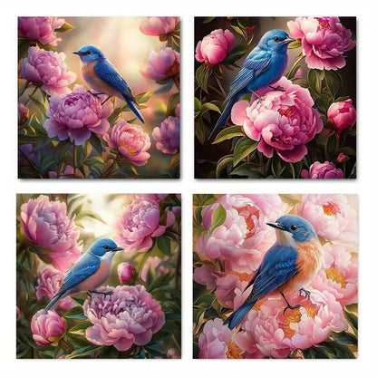 4pcs Blue Birds & Pink Peonies Floral Design Wall Art Canvas Framed