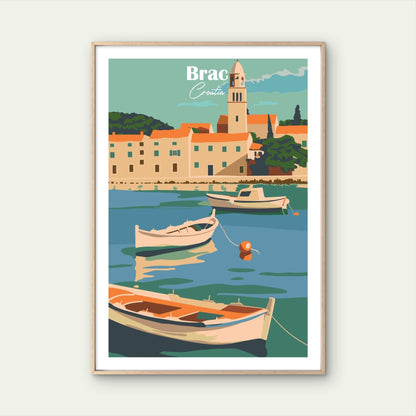 Beautiful Coastal Harbor In Brač Croatia Vintage Travel Poster Print Wall Art