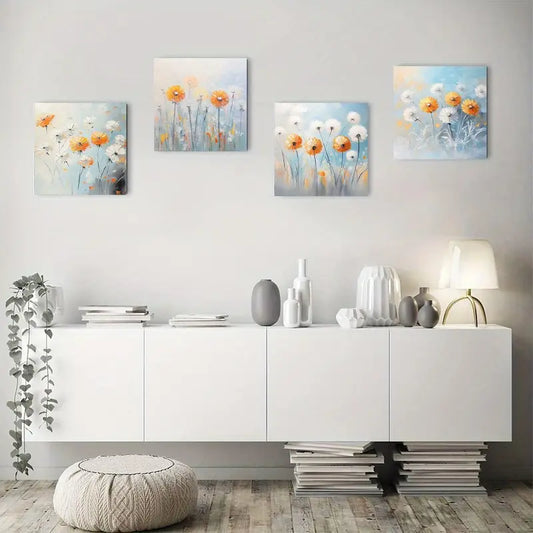 4pcs Vibrant Orange & White Flowers Wall Art Canvas Framed