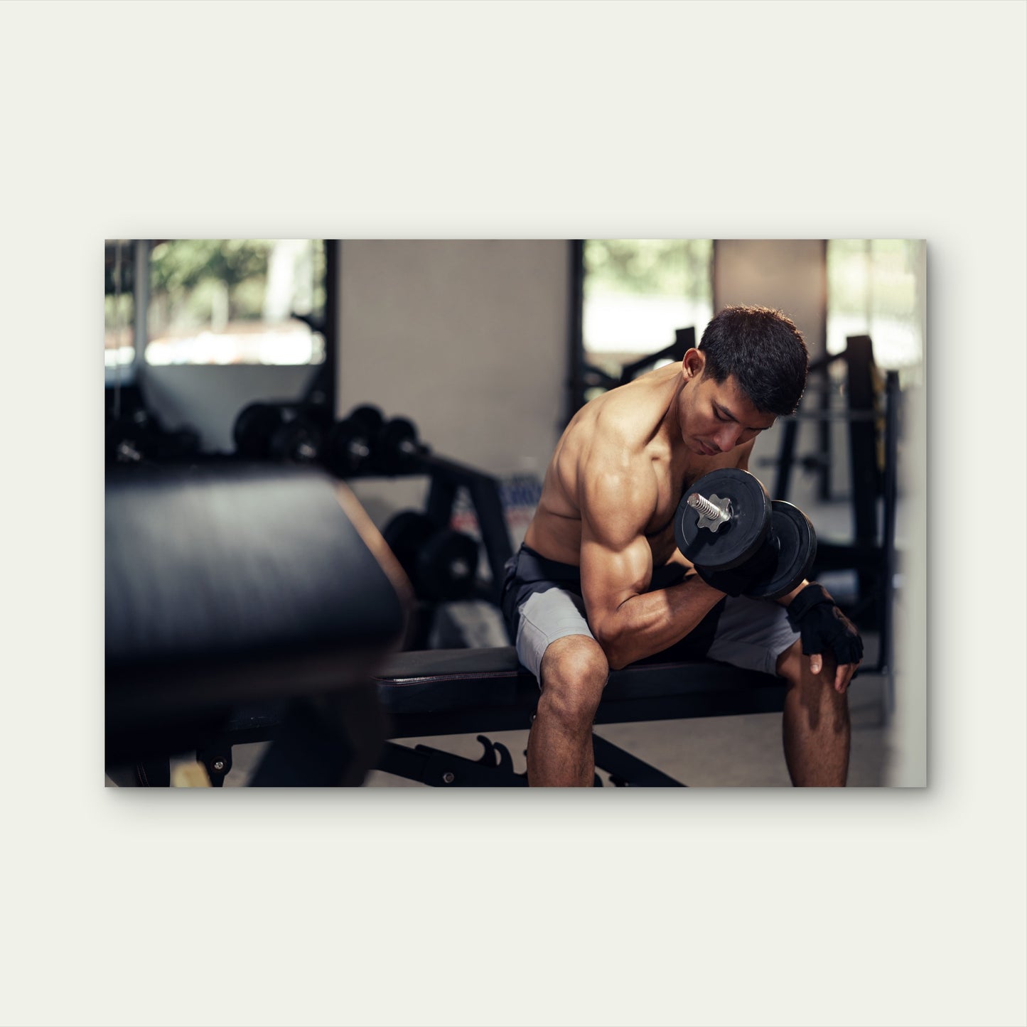 Man Lifting Dumbbell Bicep Curl Concentration Gym Fitness Workout 5mm thick Plastic Poster Ready to Hang 90x60cm