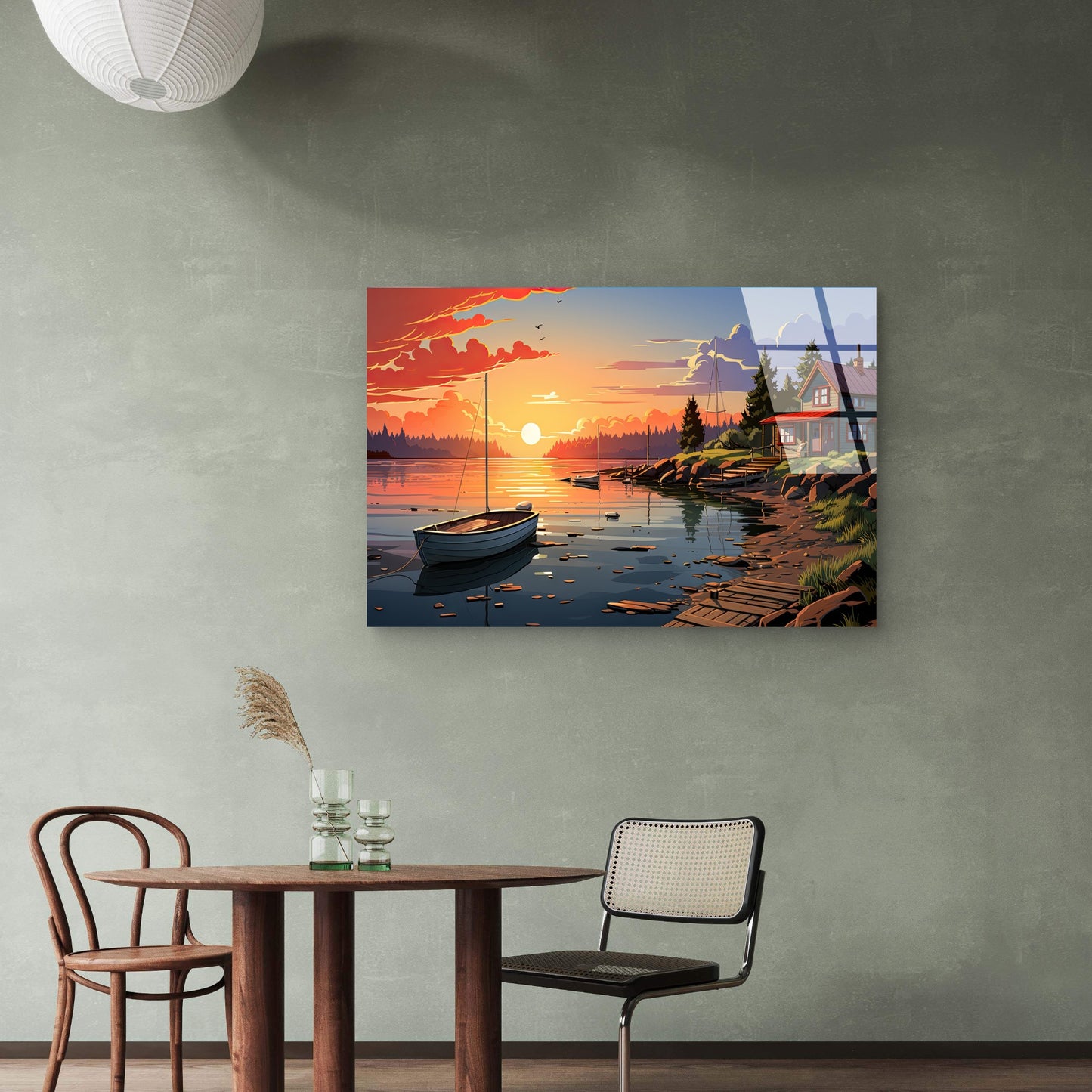 Lakeside Cabin Sunset Sailboat Acrylic Glass Printing Wall Art Australian Made Quality