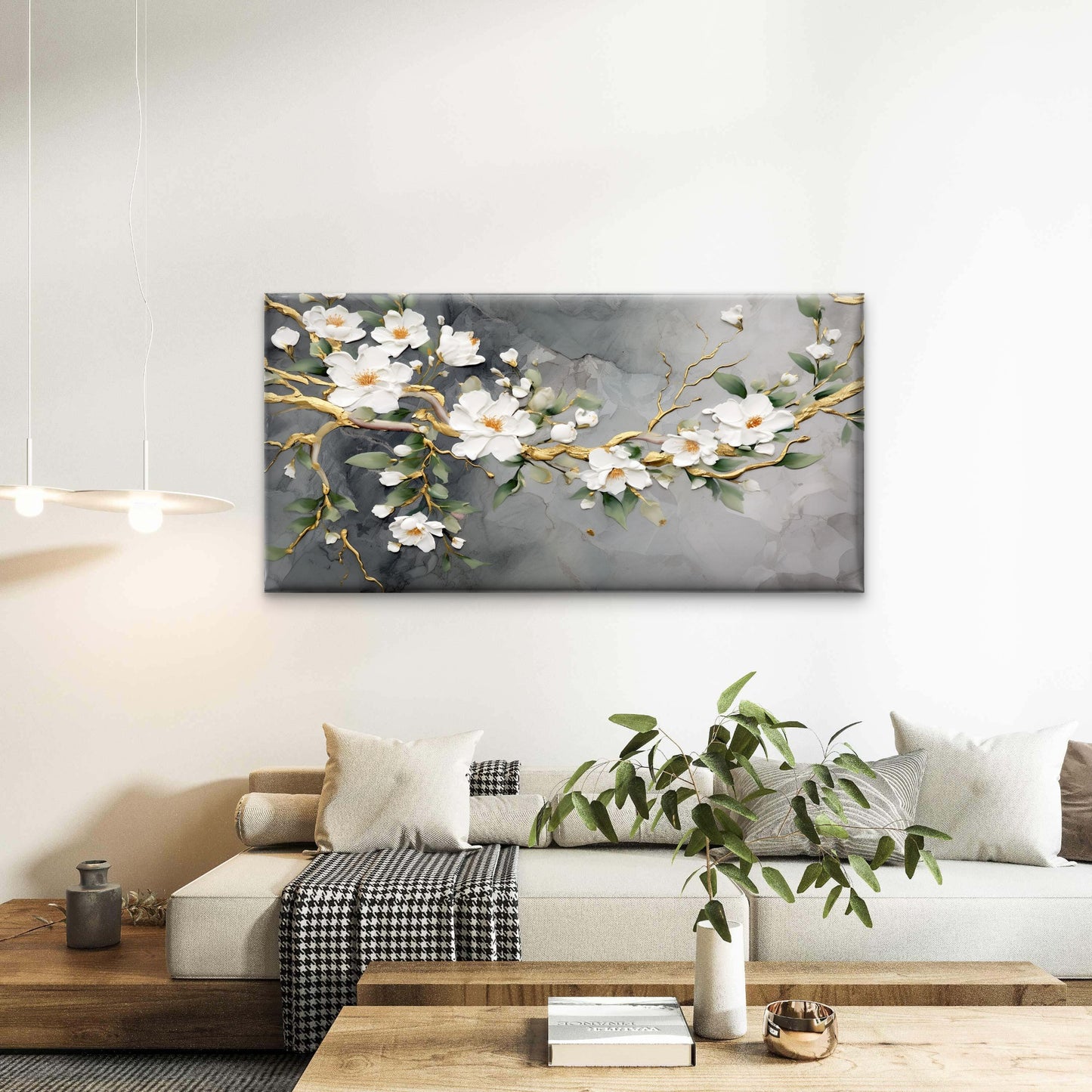 Abstract White Plum Golden Branch Wall Art Canvas Office Home Framed 120x60cm