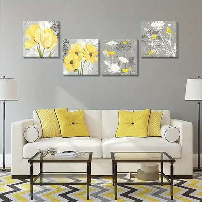 4pcs Yellow Gray Picture Wall Art Canvas Framed