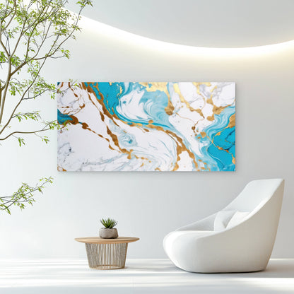 Azure Currents Golden Whispers Wall Art Canvas Office Home Room Framed 120x60cm - Bella Home Decor