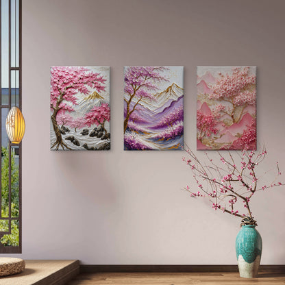 3pcs Sakura Tree Mountain Palette Knife Painting Wall Art Set Canvas Framed 60x90cm - High Quality Print 100% Australian Made Wall Canvas Ready to Hang