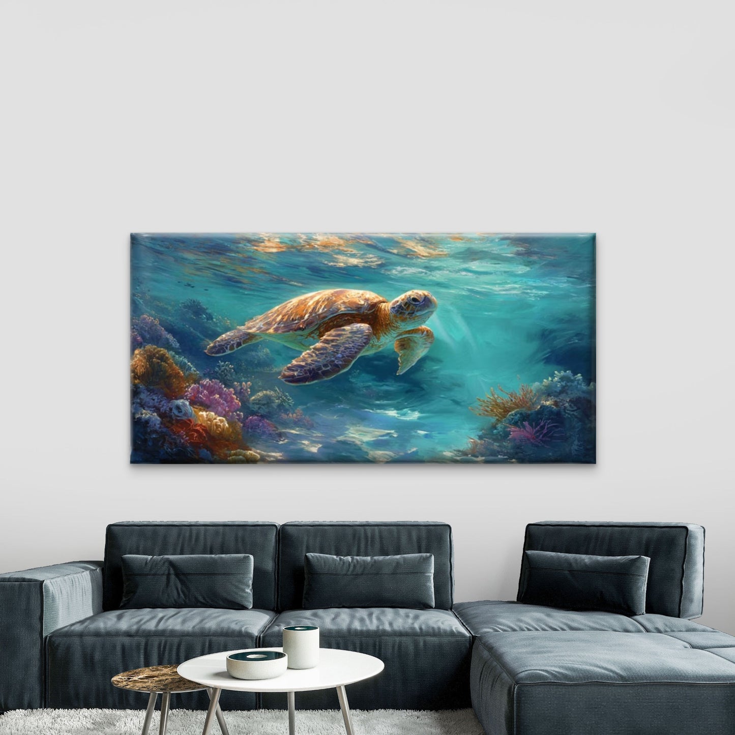 Sea Turtle Coral Reef Ocean Wall Art Canvas Office Home Room Framed 120x60cm