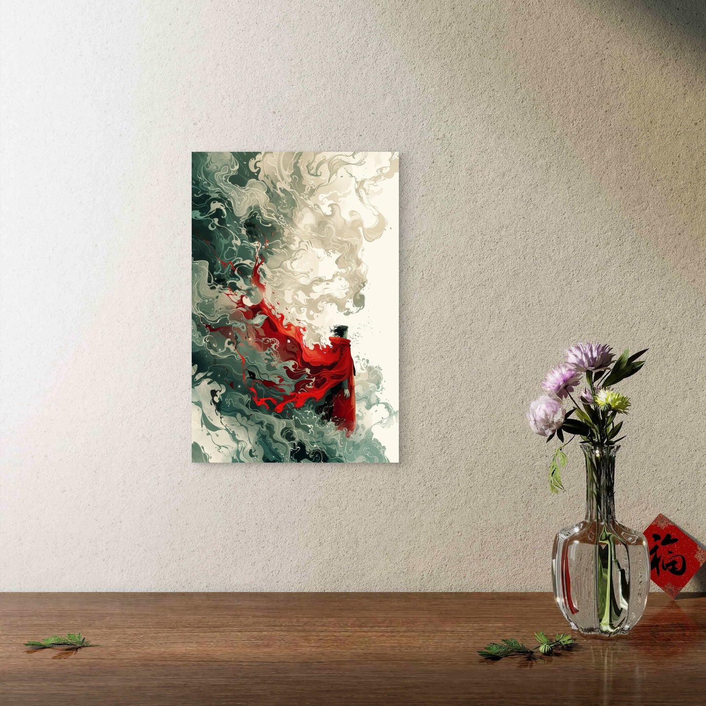 Crimson Cloak Amidst Abstract Clouds 60x90cm Metal Print Ready to Hang