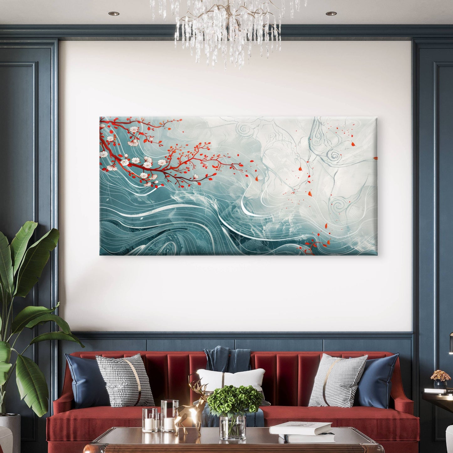 Ocean Waves Cherry Blossoms Wall Art Canvas Office Home Room Framed 120x60cm