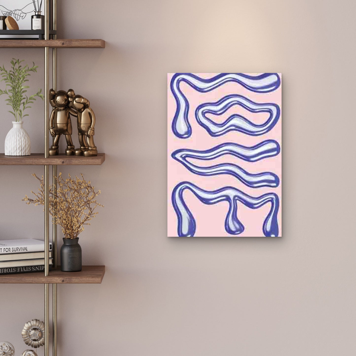 Flowing Blue Waves on a Pink Metal Print Ready to Hang - Bella Home Decor